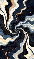 Captivating abstract design featuring hypnotic swirling waves and a central vortex in deep navy blue with soft cream and warm orange highlights&mdash;ideal for modern wallpapers, luxury branding, and dynami