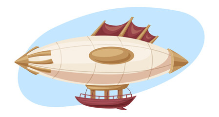 Fantasy steampunk airship with wooden gondola and fabric sails. Cartoon vector air balloon, zeppelin for adventure game, UI icon, storybook illustration, children app and fantasy interface © Екатерина Бобро