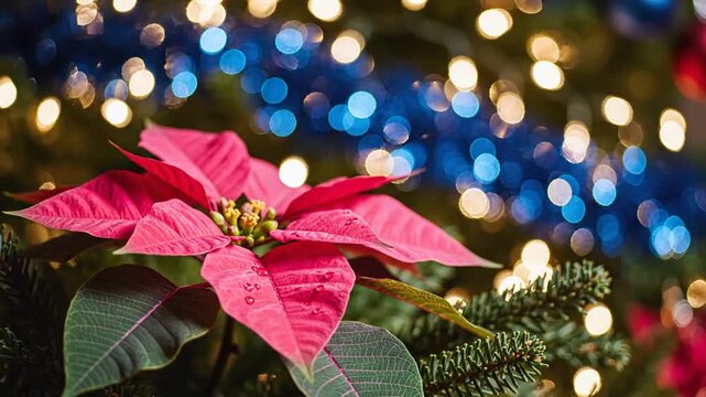 Red poinsettia in foreground with evergreen sprigs, twinkling blue and gold holiday lights, softly!!