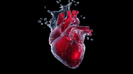 Realistic human heart submerged in water, creating dynamic splashes and bubbles against a black background, showcasing anatomical details and vibrant colors in a striking visual representation