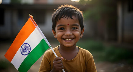 Smiling Indian Child Holding National Flag in Daylight
