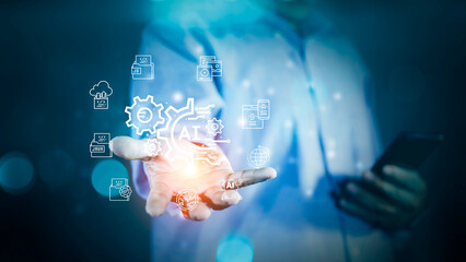 Businessman holding AI icon global networks.Artificial intelligence and data analysis information exchange technology. AI machine learning language. Cyber security system using AI technology.