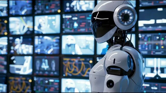 Humanoid AI robot acting as a security sentinel, standing in control room filled with glowing surveillance screens, monitoring cyber and physical defense systems