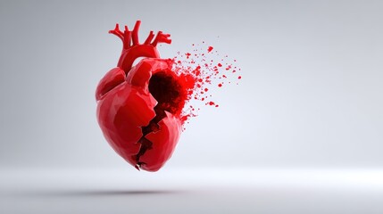 3D illustration of a broken heart, bursting with vibrant red color, symbolizing emotional pain and vulnerability, set against a soft gray background with copy space