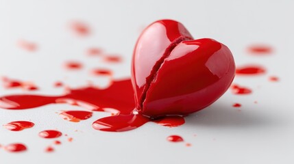 Red heart sculpture cracked in half, surrounded by vibrant red liquid, symbolizing heartbreak and emotional turmoil, set against a clean white background with artistic flair