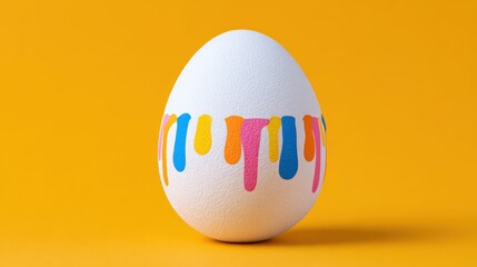 White egg with colorful dripping paint design on a vibrant yellow background, showcasing artistic creativity and festive spirit in a playful and modern style