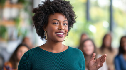 Smiling african american woman speaks before an audience in a daytime indoor setting, suitable for diverse presentation or public speaking concepts.