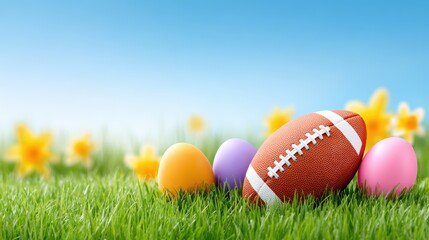 Colorful Easter eggs in vibrant grass beside a classic brown football, set against a bright blue sky with blooming yellow flowers, celebrating spring festivities and outdoor fun