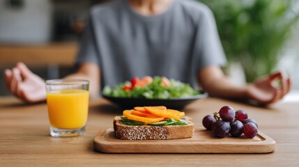 Healthy breakfast scene featuring a person meditating with a plate of salad, a glass of orange juice, and a slice of whole grain bread topped with fresh fruits