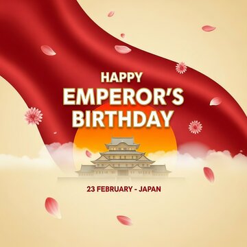 Happy emperor s birthday celebration with traditional japanese castle and falling petals