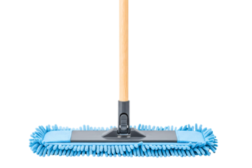 Blue microfiber dust mop with wooden handle for floor cleaning isolated with transparent background