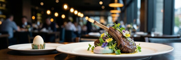 Gourmet lamb chops with edible flowers in elegant restaurant setting