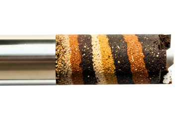 Cylindrical soil core sample showing distinct geological layers isolated with transparent background