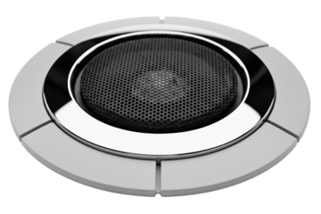 Round ceiling audio speaker with grey frame and black metal mesh isolated with transparent background