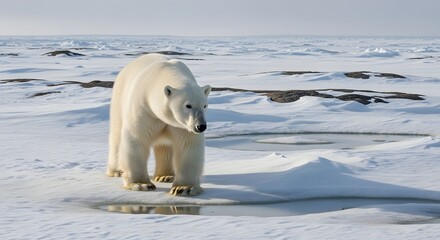 Majestic polar bear cautiously walking across a vast arctic landscape covered in bright white snow and ice formations
