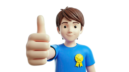 Animated boy giving a thumbs-up gesture with a star medal