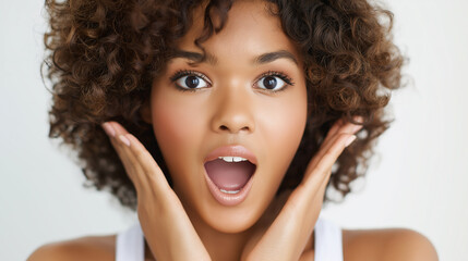 Pretty young woman with curly hair showcases a surprised expression. Great for lifestyle, beauty, emotion, and expression themed projects.