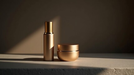 Luxury Anti-Aging Skincare Bottle with Gold Accents on Matte Stone Surface, Dark Neutral Background, Cinematic Beauty Photography