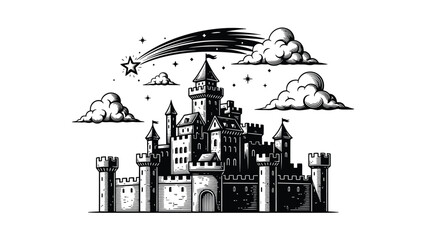 A whimsical fairytale illustration featuring a castle clouds and a shooting star © Nasima