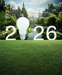 Led light bulb with fresh tree leaves and 2026 letter on grass field over shady green city full of trees and canal, Happy new year 2026 ecology saving power and energy concept
