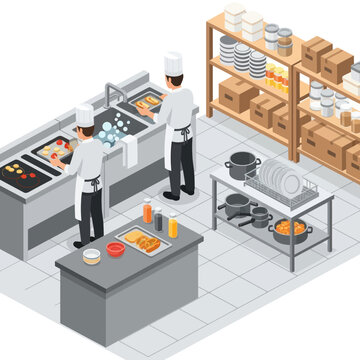 Two Chefs Preparing Food in Kitchen.