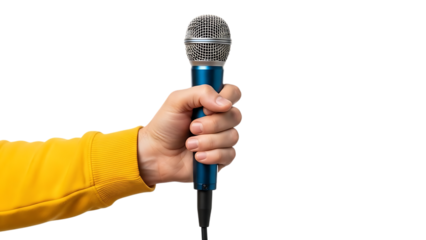 Blue microphone held by hand, alpha channel transparency