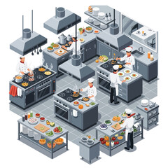 Obraz premium Commercial Kitchen with Chefs Preparing Food.