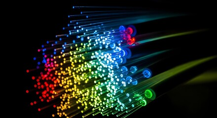 Close up view of illuminated fiber optic strands emitting a vibrant spectrum of multicolored light against a dark background