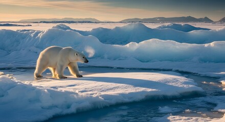 Majestic polar bear walking across a fragmented ice floe in the arctic wilderness with dramatic sunlight breaking through the clouds.