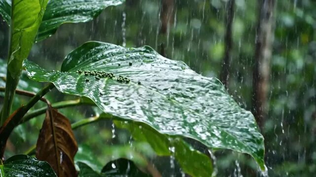 Rain falling on tropical leaves creating a soothing natural soundscape in the forest setting