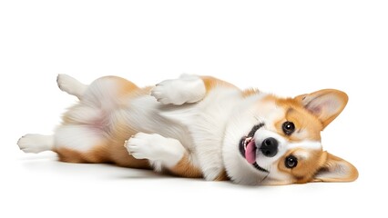 Happy Pembroke Welsh Corgi Dog Lying on Back with Tongue Out isolated PNG with Transparent Background