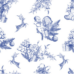 Winter, blue, Christmas pattern, toile de Jouy design with Christmas tree, snowman, holly, deer.