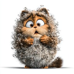 A surprised fluffy cat with puffed cheeks and raised tail, displaying an adorable expression against a white background.