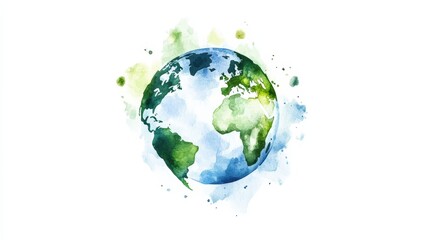 Naklejka premium A watercolor illustration of Earth, showcasing continents in green and blue hues, surrounded by splashes of color, symbolizing nature and the planet's beauty.