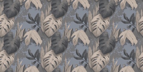A serene and stylish botanical pattern featuring lush tropical leaves in muted colors.