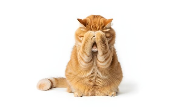 Cute ginger cat covering its face with paws, appearing shy or embarrassed isolated PNG with Transparent Background
