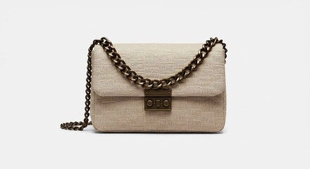柔らかなスタジオ光に美しく輝くナチュラルベージュのチェーンショルダーバッグ上品なリネン調素材とアンティーク調の金属金具が繊細な魅力を放つ現代的で洗練されたファッション小物 白い背景に引き立つ. AI Generated