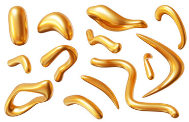 3d set golden abstract liquid figure. Gold fluid elements, shapes. Stock vector illustration on isolated background.