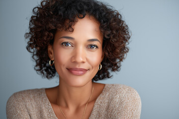 Woman with curly hair smiling softly. Perfect for lifestyle blogs, beauty magazines, and social media posts. Portrait of a woman with curly hair smiling softly.