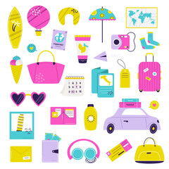 Retro Travel and Vacation Collection. Flat Vector Illustration on White Background. Nostalgic Summer Holiday Set.