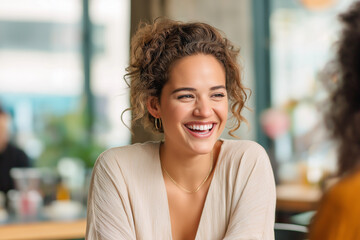 Smiling woman with curly hair in a cafe, suitable for lifestyle blogs, social media posts, magazine articles, and promotional materials.