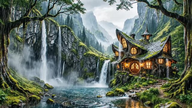 A mossy forest cottage glows beside a misty waterfall amid towering emerald cliffs, inviting solace!