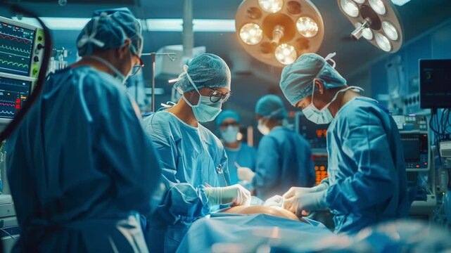 Professional surgical team performing an operation in a modern hospital operating room, with medical equipment and focused teamwork. Ideal for themes of healthcare, emergency treatment, and medical pr