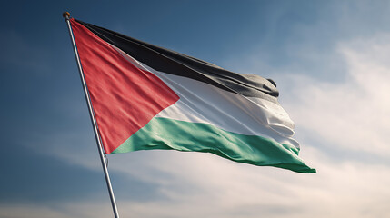 Palestine ،  Palestinian National Flag Waving in the Wind Against Clear Blue Sky, Symbol of Freedom, Resistance, Identity and National Unity