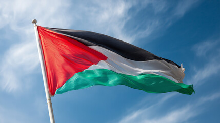 Palestine ،  Palestinian National Flag Waving in the Wind Against Clear Blue Sky, Symbol of Freedom, Resistance, Identity and National Unity