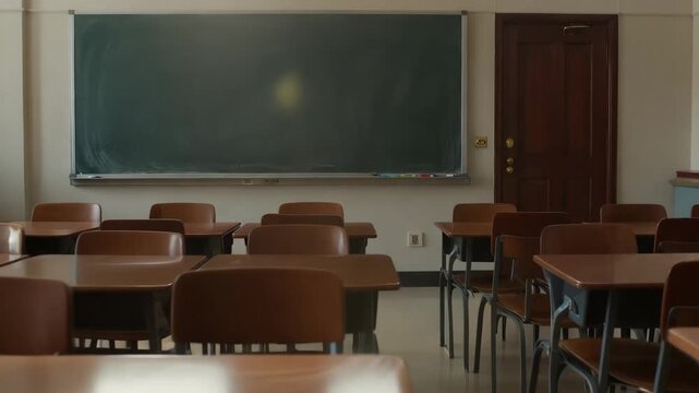 Empty classroom with wooden desks and green chalkboard in a school building during the afternoon