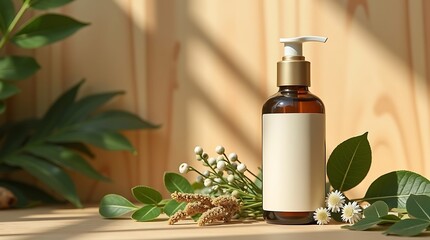 Natural Skincare Glass Bottle with Botanical Leaves, Soft Sunlight, Earthy Tones, Clean Sustainable Beauty Concept