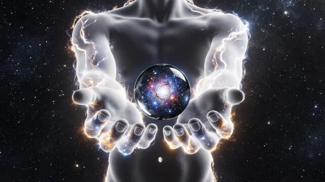 Abstract being holding the cosmos in a transparent sphere
