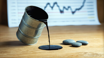 Oil barrel positioned against a stock trading chart background