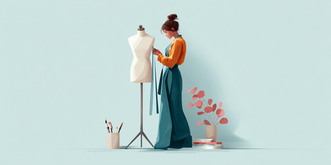 A fashion designer meticulously measures a dress form, focusing on the craft of clothing creation. The scene is illuminated by soft light, emphasizing the dedication to creating a beautiful product